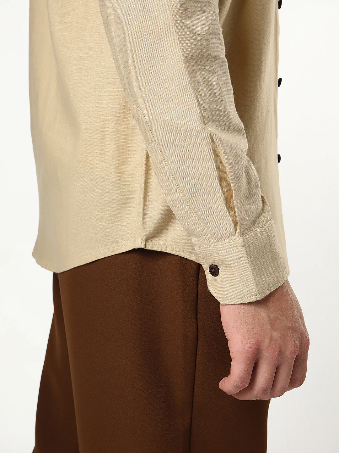Men's Beige Linen Blend Full Sleeve Relaxed Fit Mandarin Collar Casual Solid Shirt - Image 6