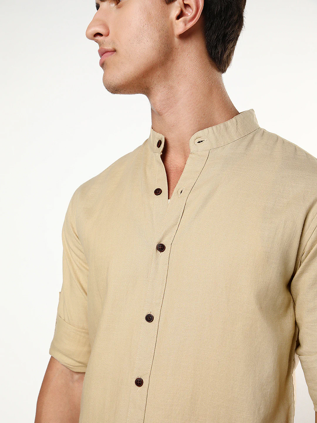 Men's Beige Linen Blend Full Sleeve Relaxed Fit Mandarin Collar Casual Solid Shirt - Image 7