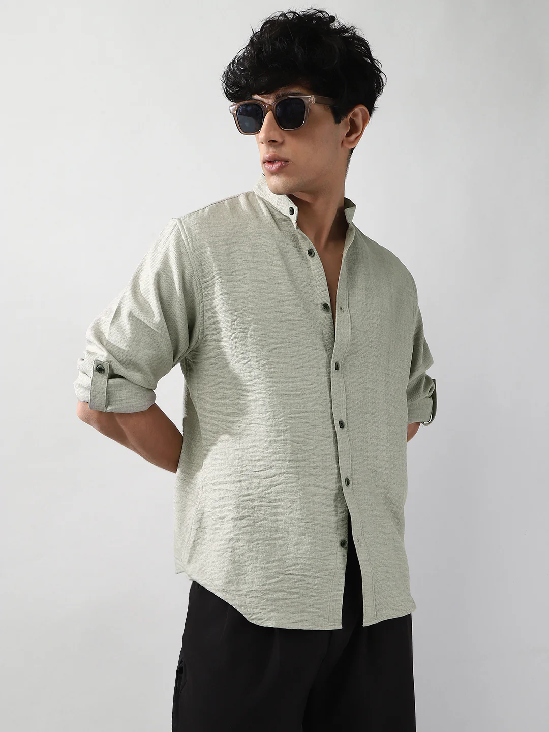 Men's Beige Linen Blend Full Sleeve Relaxed Fit Mandarin Collar Casual Solid Shirt