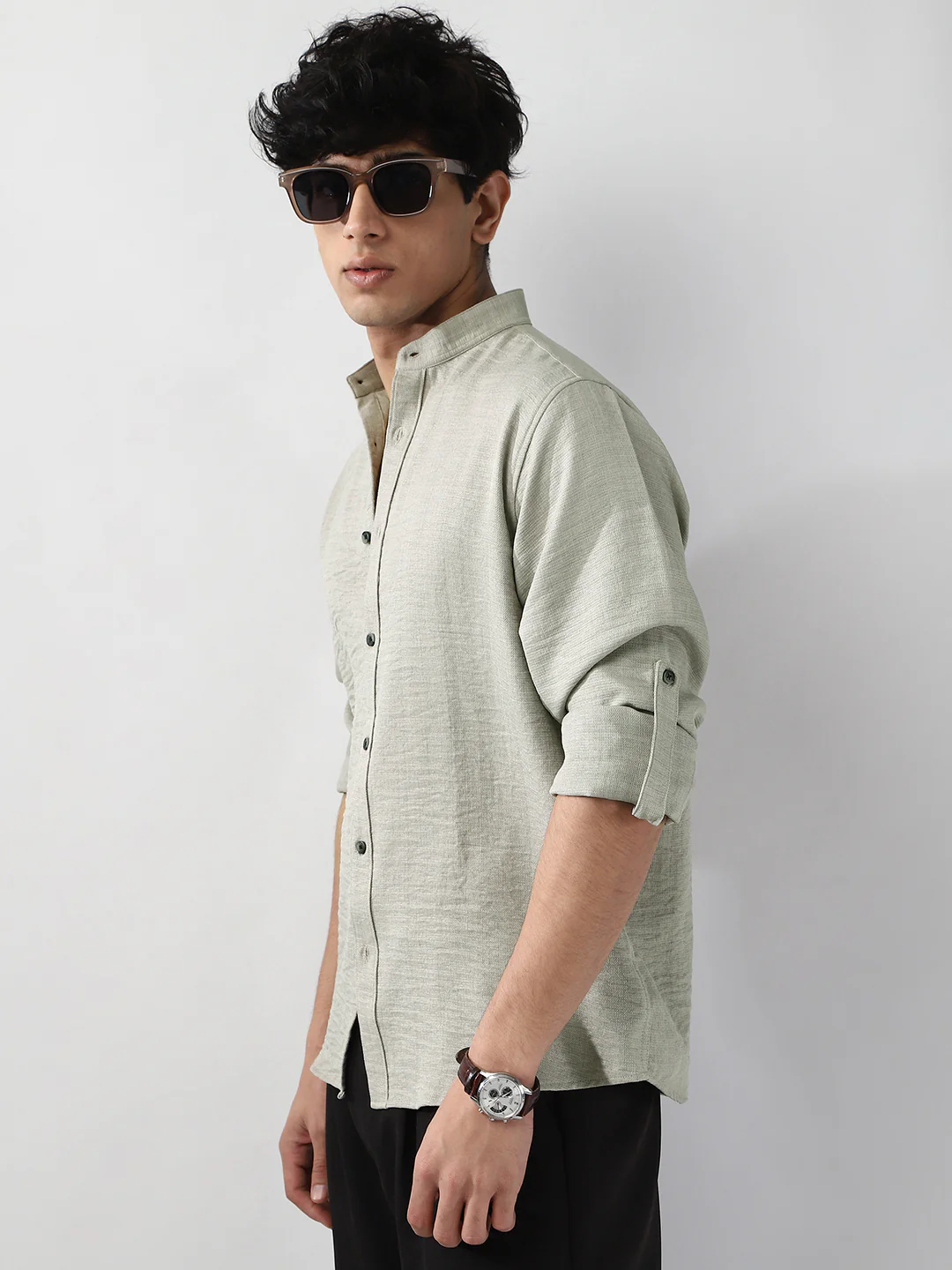 Men's Beige Linen Blend Full Sleeve Relaxed Fit Mandarin Collar Casual Solid Shirt - Image 2