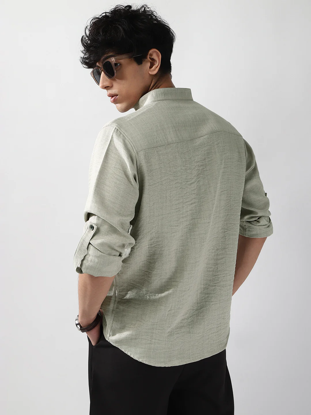 Men's Beige Linen Blend Full Sleeve Relaxed Fit Mandarin Collar Casual Solid Shirt - Image 3