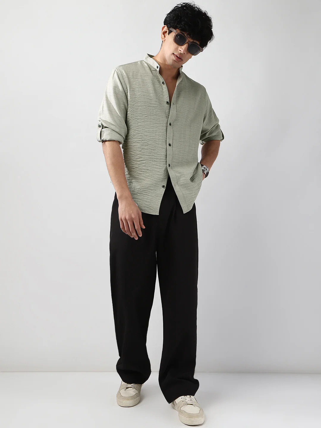 Men's Beige Linen Blend Full Sleeve Relaxed Fit Mandarin Collar Casual Solid Shirt - Image 4