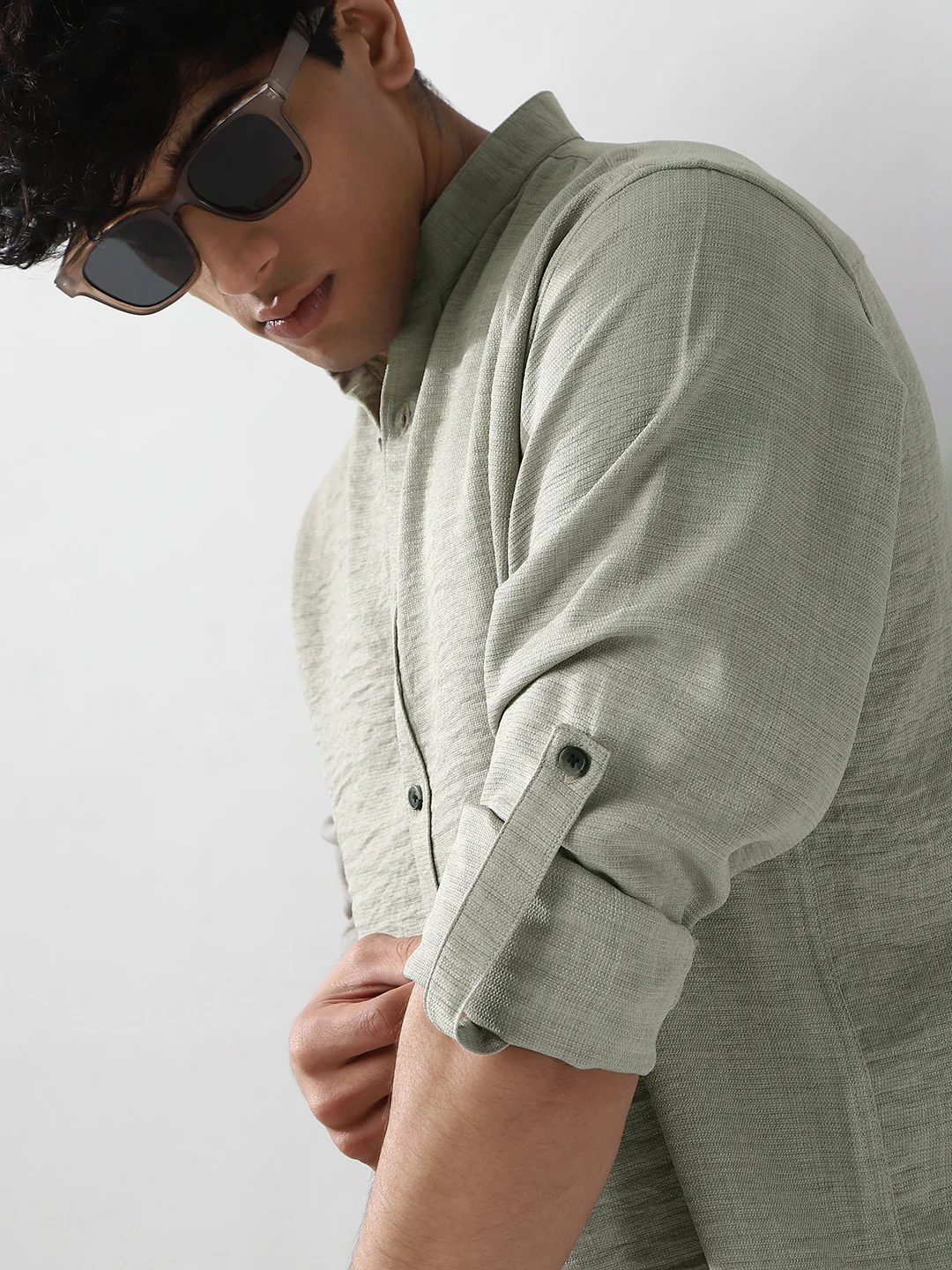 Men's Beige Linen Blend Full Sleeve Relaxed Fit Mandarin Collar Casual Solid Shirt - Image 6