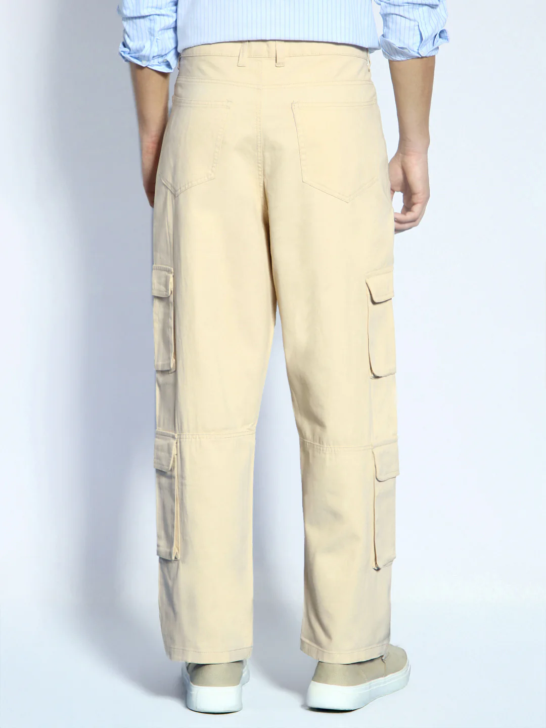 Men's Beige Loose Baggy Fit Cargo Chino Pant with 8 Pockets Stretchable - Image 3