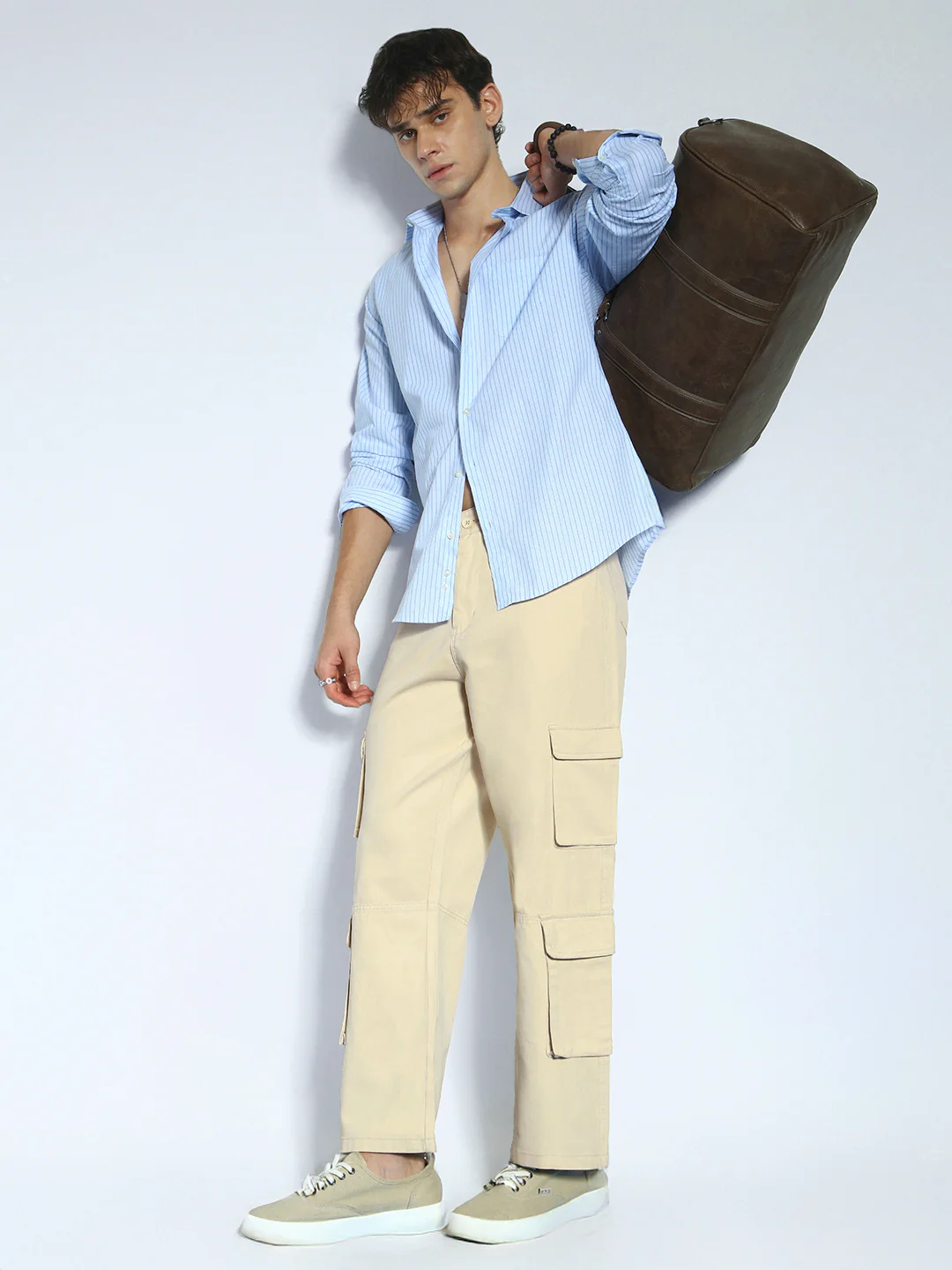 Men's Beige Loose Baggy Fit Cargo Chino Pant with 8 Pockets Stretchable - Image 4