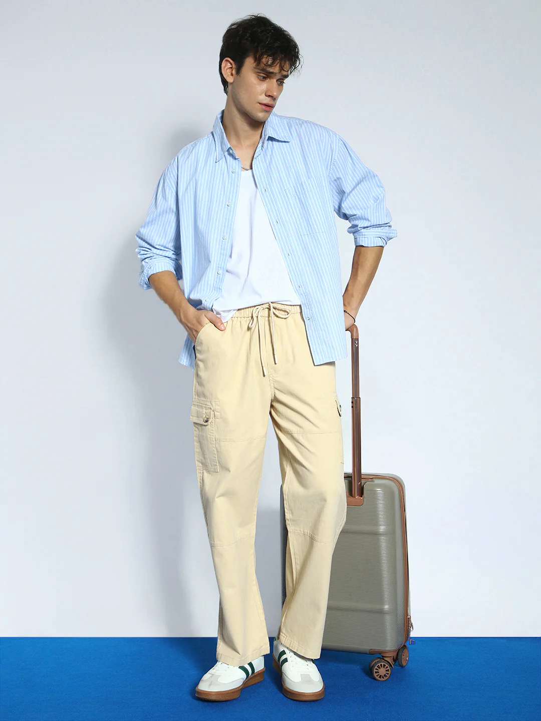 Men's Beige Loose Baggy Fit Cargo Jogger Chino Pant with 6 Pockets Stretchable - Image 4