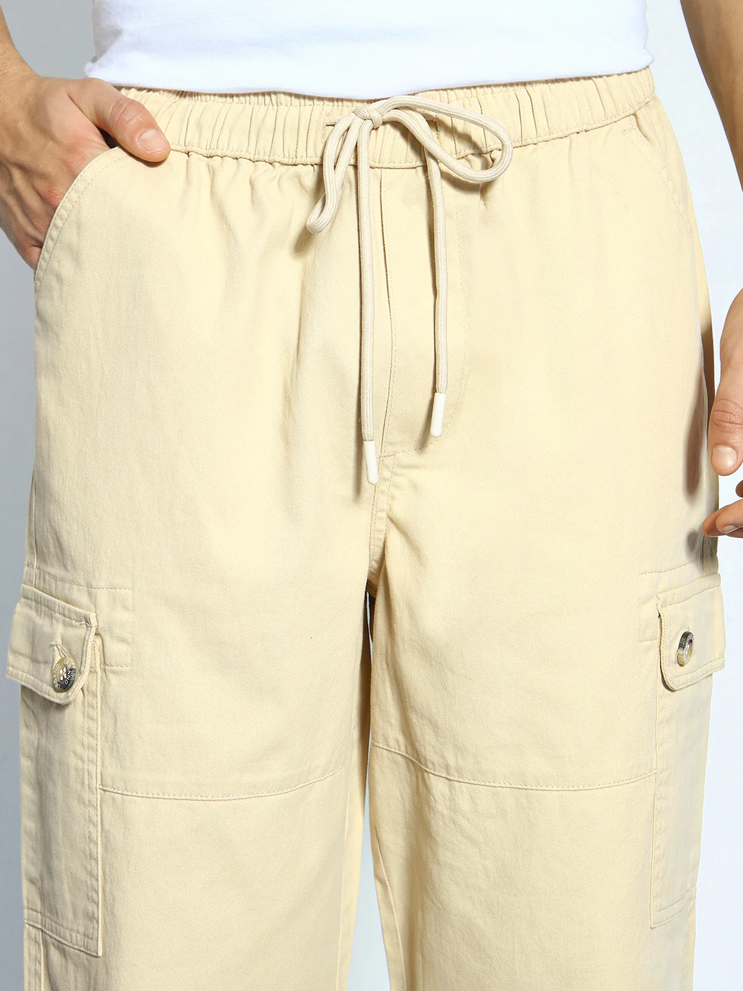 Men's Beige Loose Baggy Fit Cargo Jogger Chino Pant with 6 Pockets Stretchable - Image 5