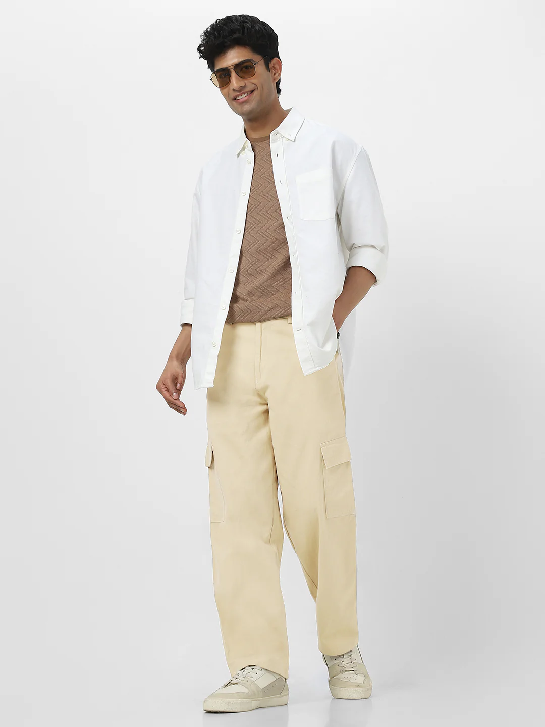 Urbano Fashion Men's Beige Loose Baggy Fit Solid Cargo Chino Pant with 6 Pockets Non-Stretchable - Image 4