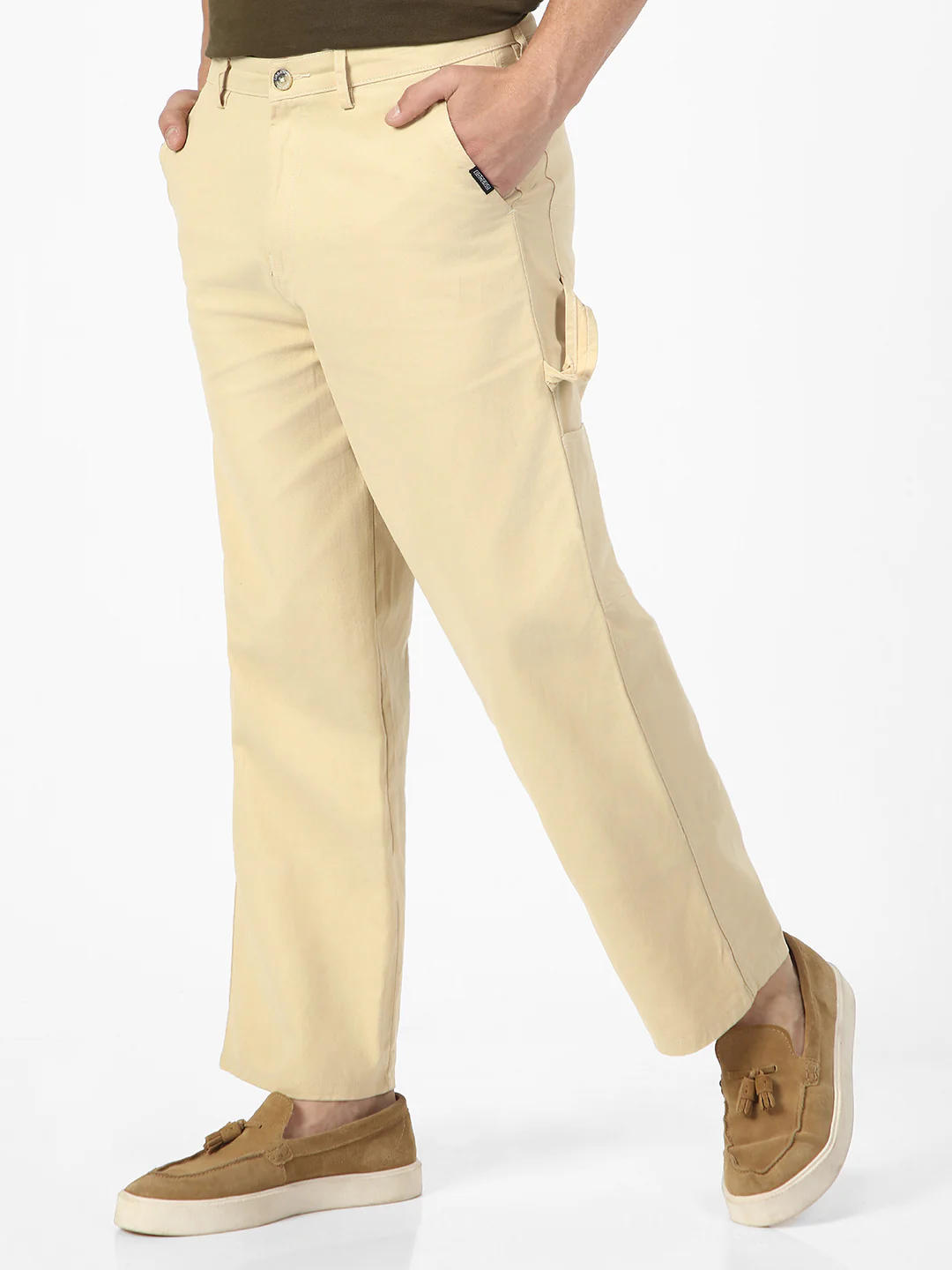 Men's Beige Loose Baggy Fit Solid Carpenter Trouser Pant with 5 Pockets Non-Stretchable - Image 2