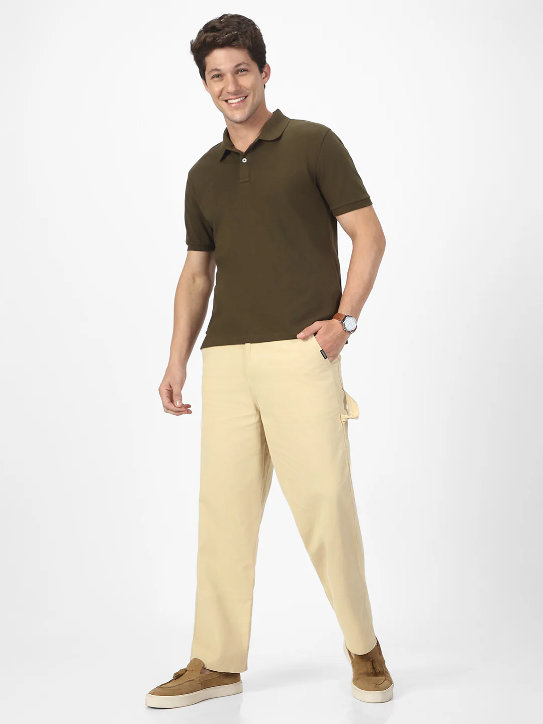 Men's Beige Loose Baggy Fit Solid Carpenter Trouser Pant with 5 Pockets Non-Stretchable - Image 4
