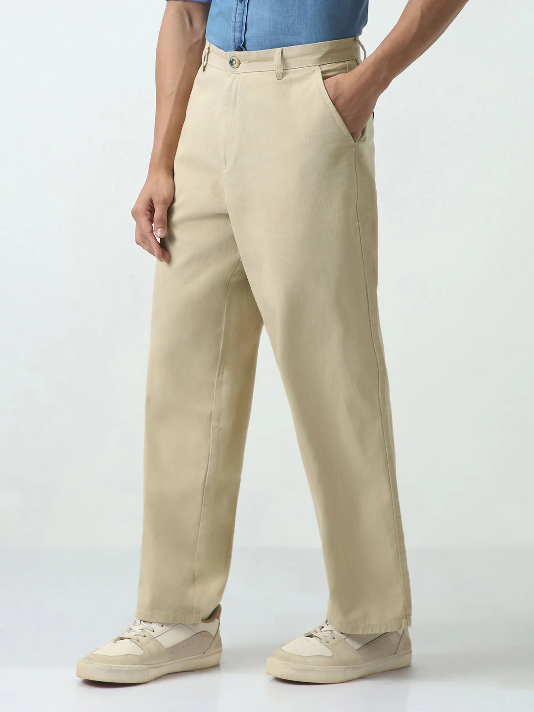 Men's Beige Loose Baggy Fit Solid Chino Trousers Non-Stretchable - Image 2