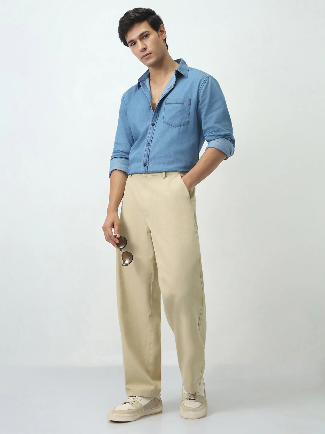 Men's Beige Loose Baggy Fit Solid Chino Trousers Non-Stretchable - Image 4