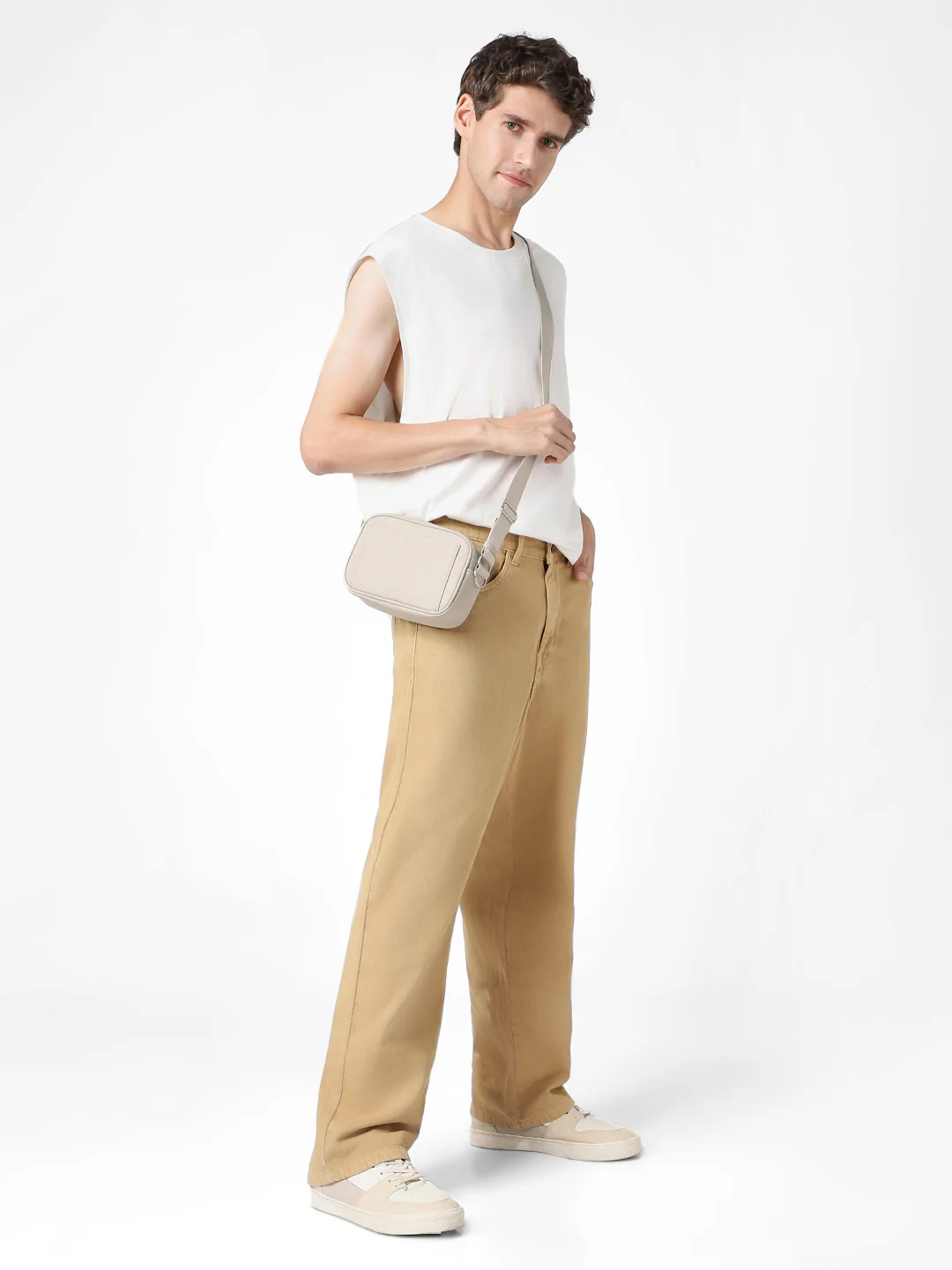 Men's Beige Loose Baggy Fit Washed Jeans Non-Stretchable - Image 4