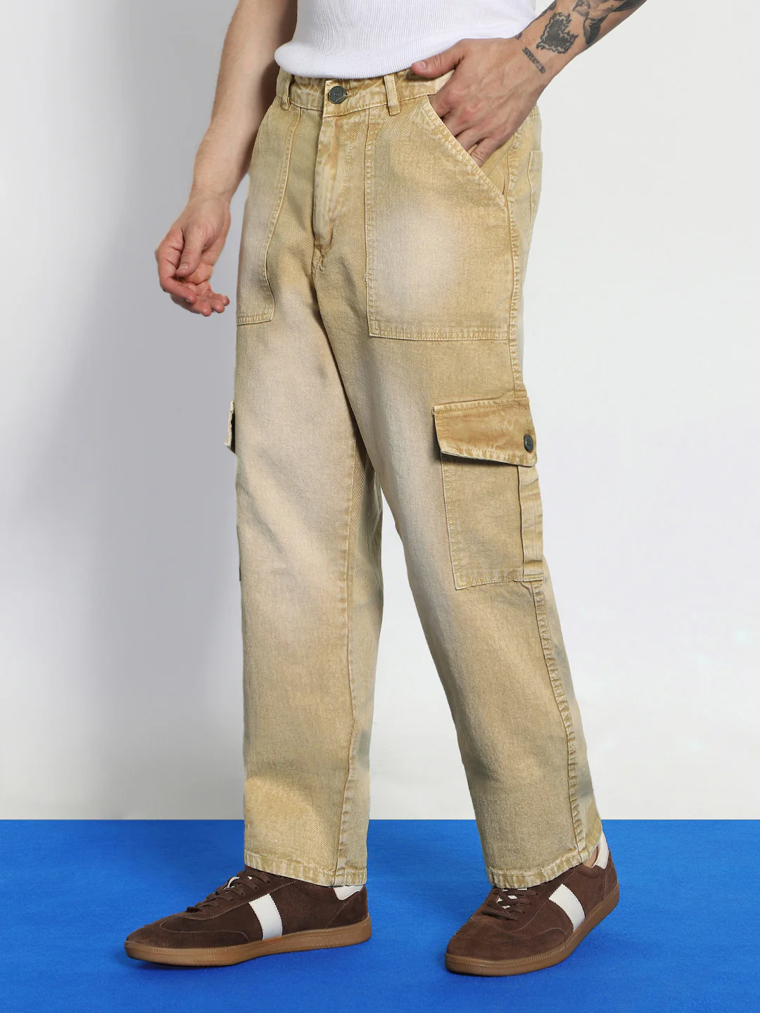 Men's Beige Loose Baggy Fit Washed Cargo Jeans with 6 Pockets Non-Stretchable - Image 2