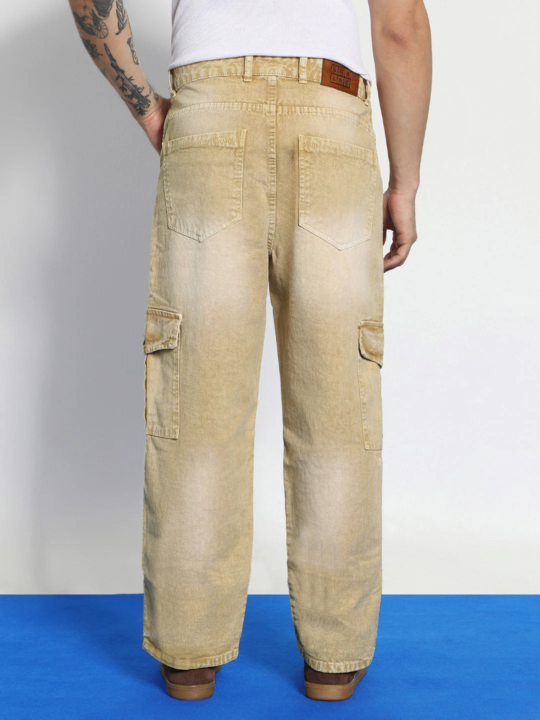 Men's Beige Loose Baggy Fit Washed Cargo Jeans with 6 Pockets Non-Stretchable - Image 3