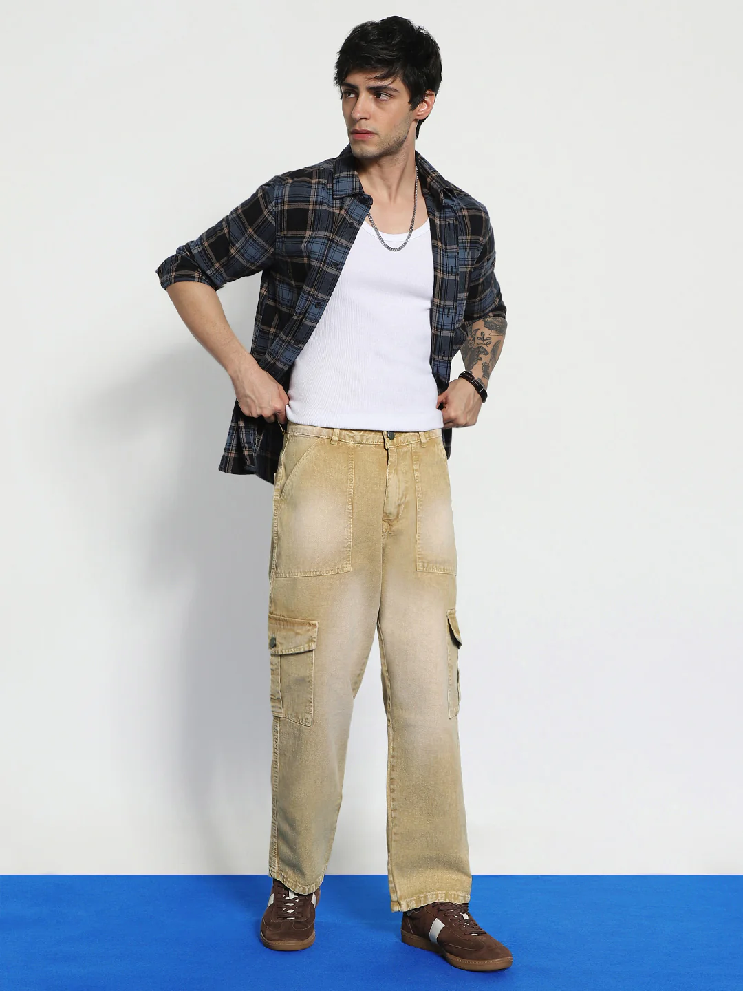 Men's Beige Loose Baggy Fit Washed Cargo Jeans with 6 Pockets Non-Stretchable - Image 4