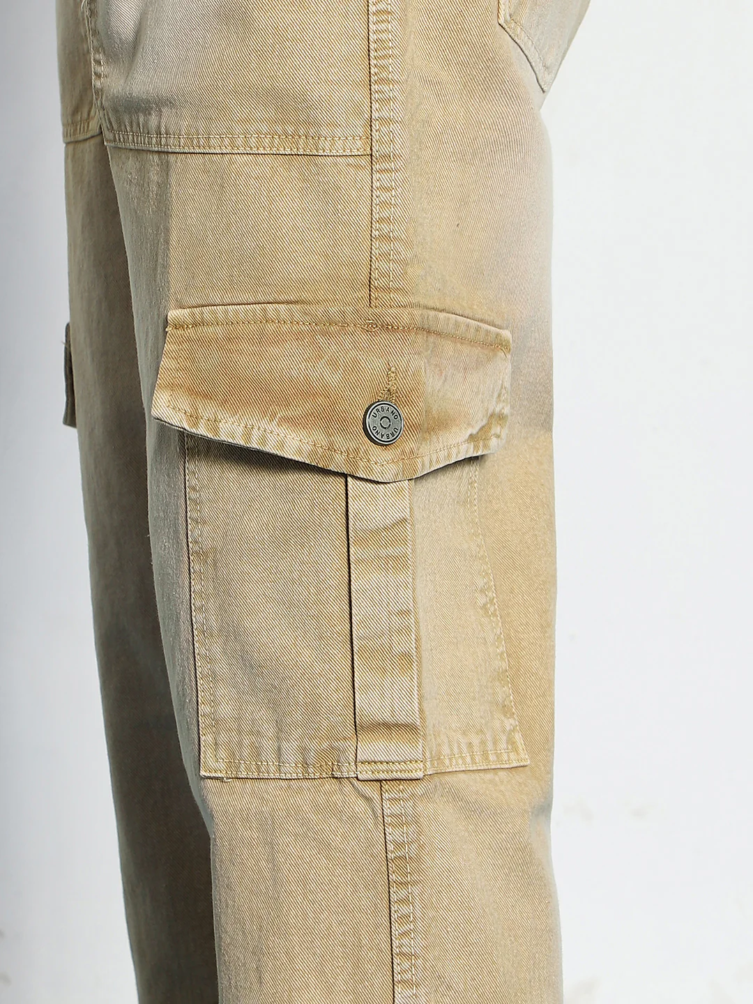 Men's Beige Loose Baggy Fit Washed Cargo Jeans with 6 Pockets Non-Stretchable - Image 5