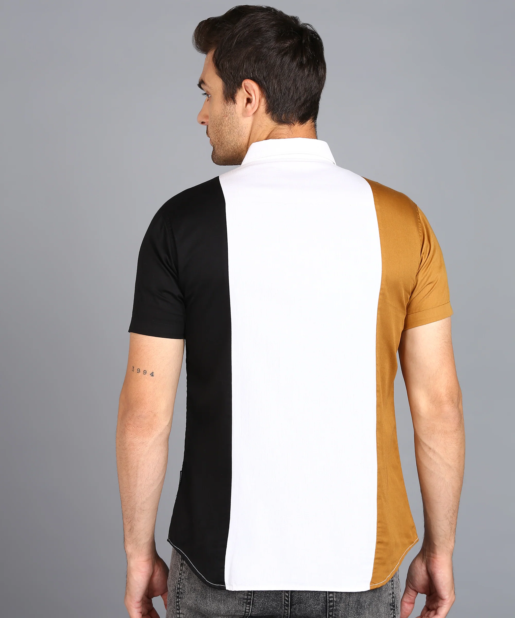 Men's Beige, Off White, Black Cotton Half Sleeve Slim Fit Casual Colorblock Shirt - Image 3