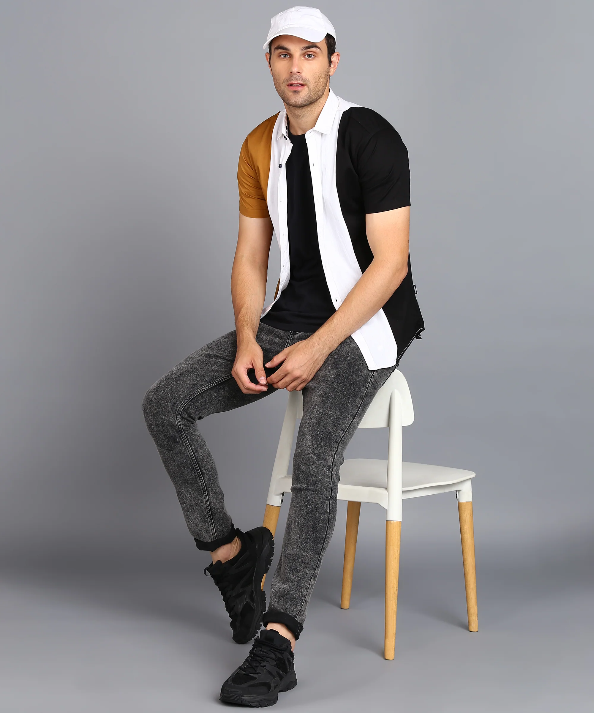 Men's Beige, Off White, Black Cotton Half Sleeve Slim Fit Casual Colorblock Shirt - Image 4