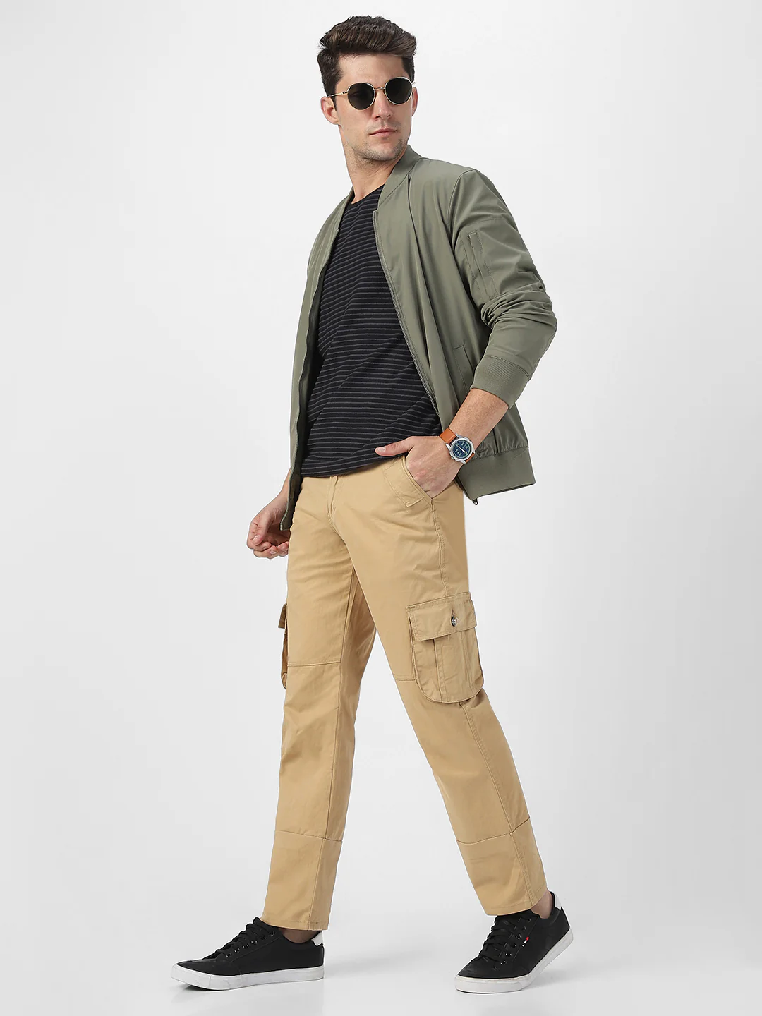 Men's Beige Regular Fit Solid Cargo Chino Pant with 6 Pockets - Image 4