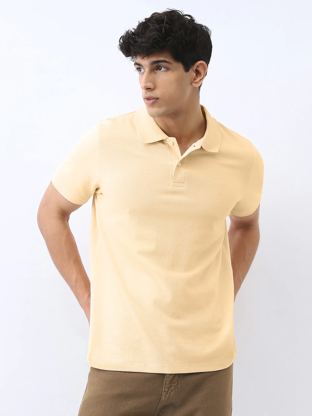 Men's Beige Solid Regular Fit Half Sleeve Cotton Polo T-Shirt - Image 2