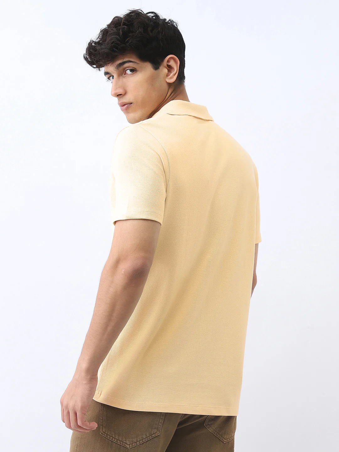Men's Beige Solid Regular Fit Half Sleeve Cotton Polo T-Shirt - Image 3