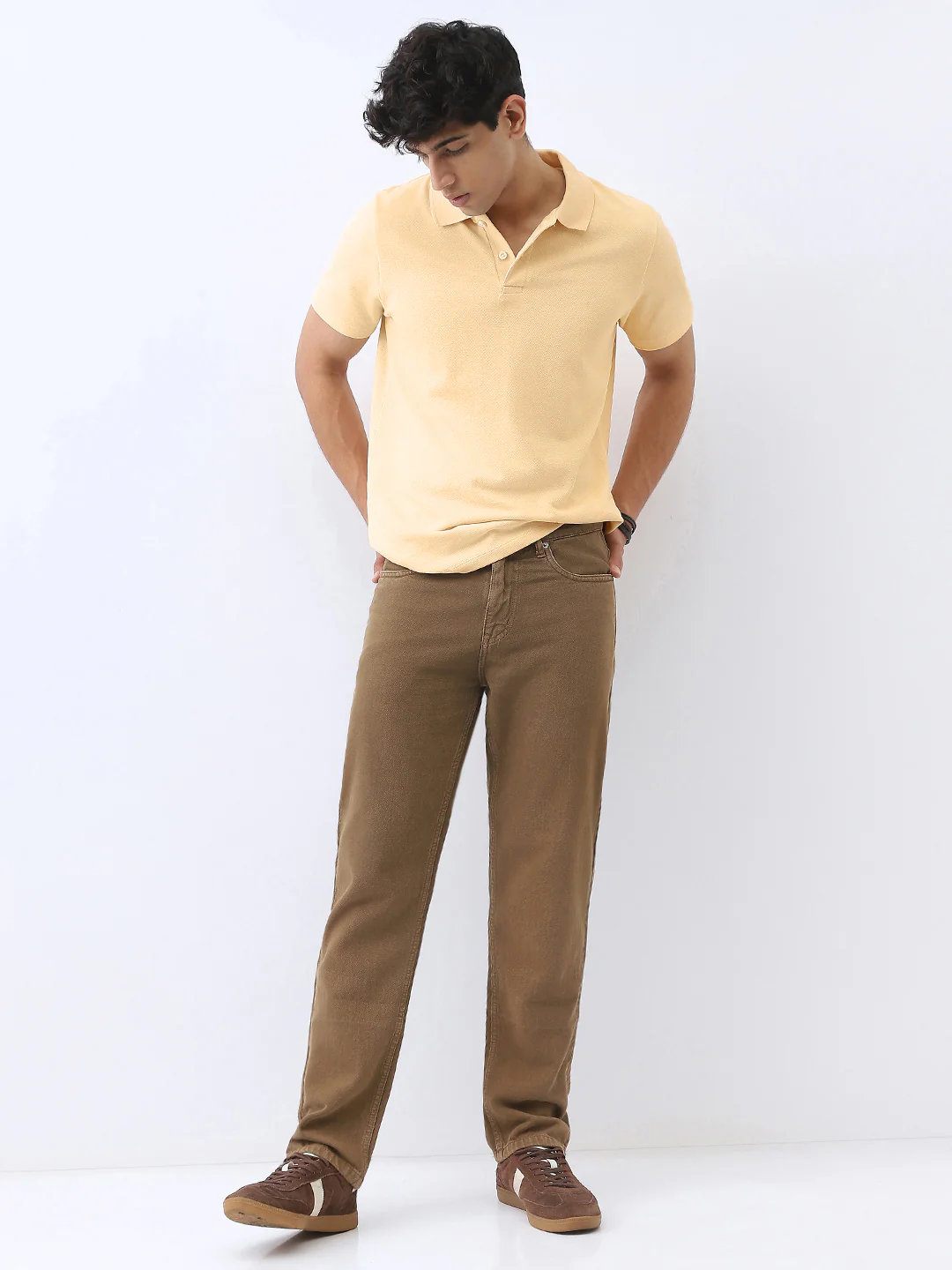 Men's Beige Solid Regular Fit Half Sleeve Cotton Polo T-Shirt - Image 4