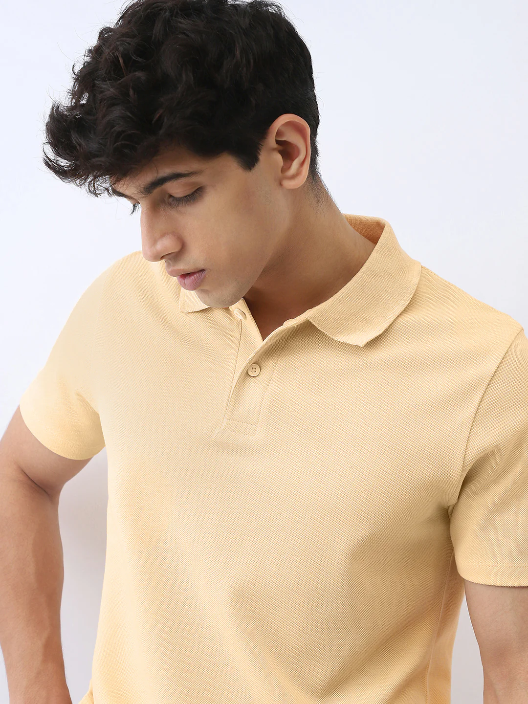 Men's Beige Solid Regular Fit Half Sleeve Cotton Polo T-Shirt - Image 5
