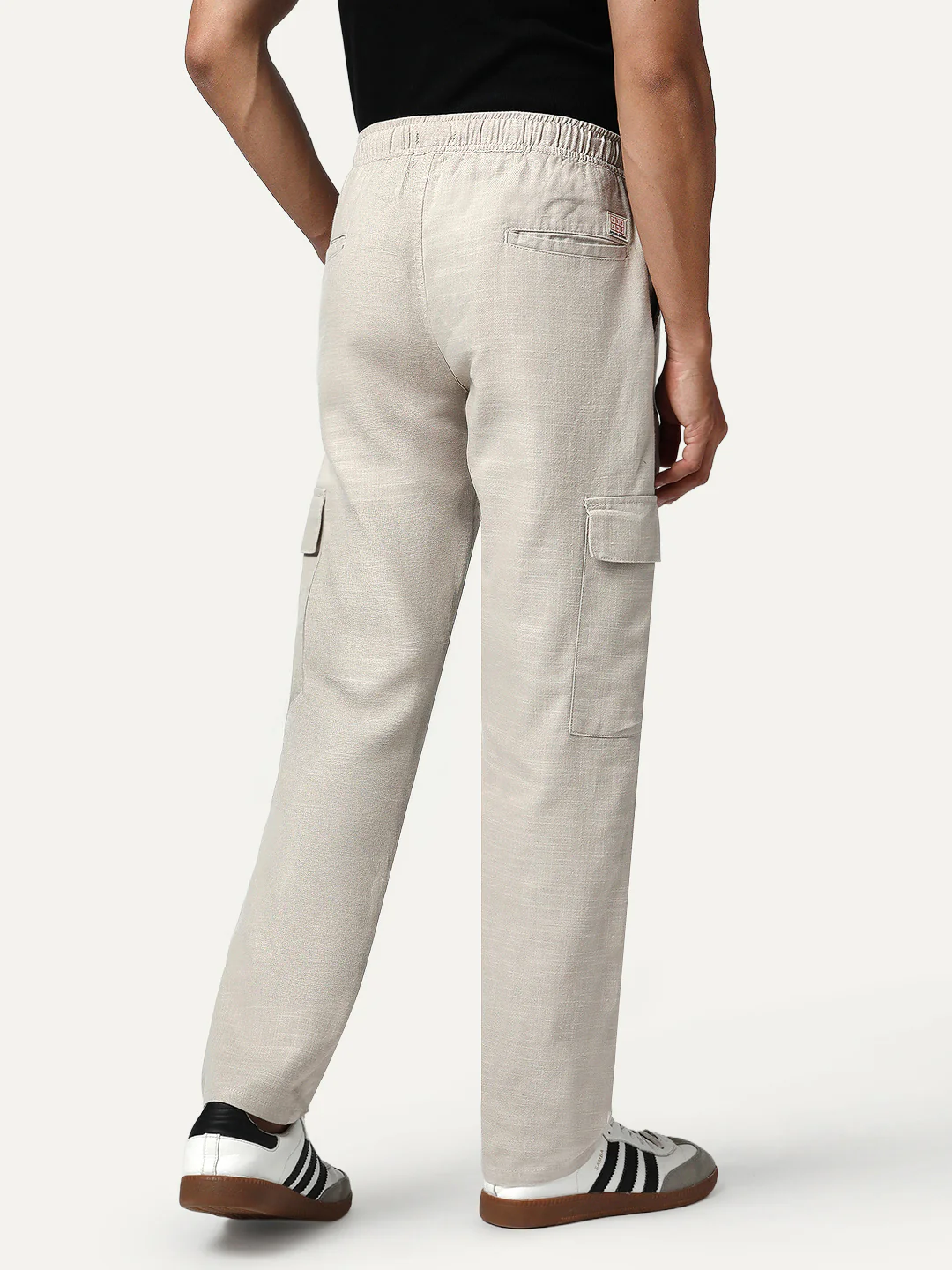 Men's Beige Straight Fit Linen Cargo Pants with 6 Pockets - Image 3