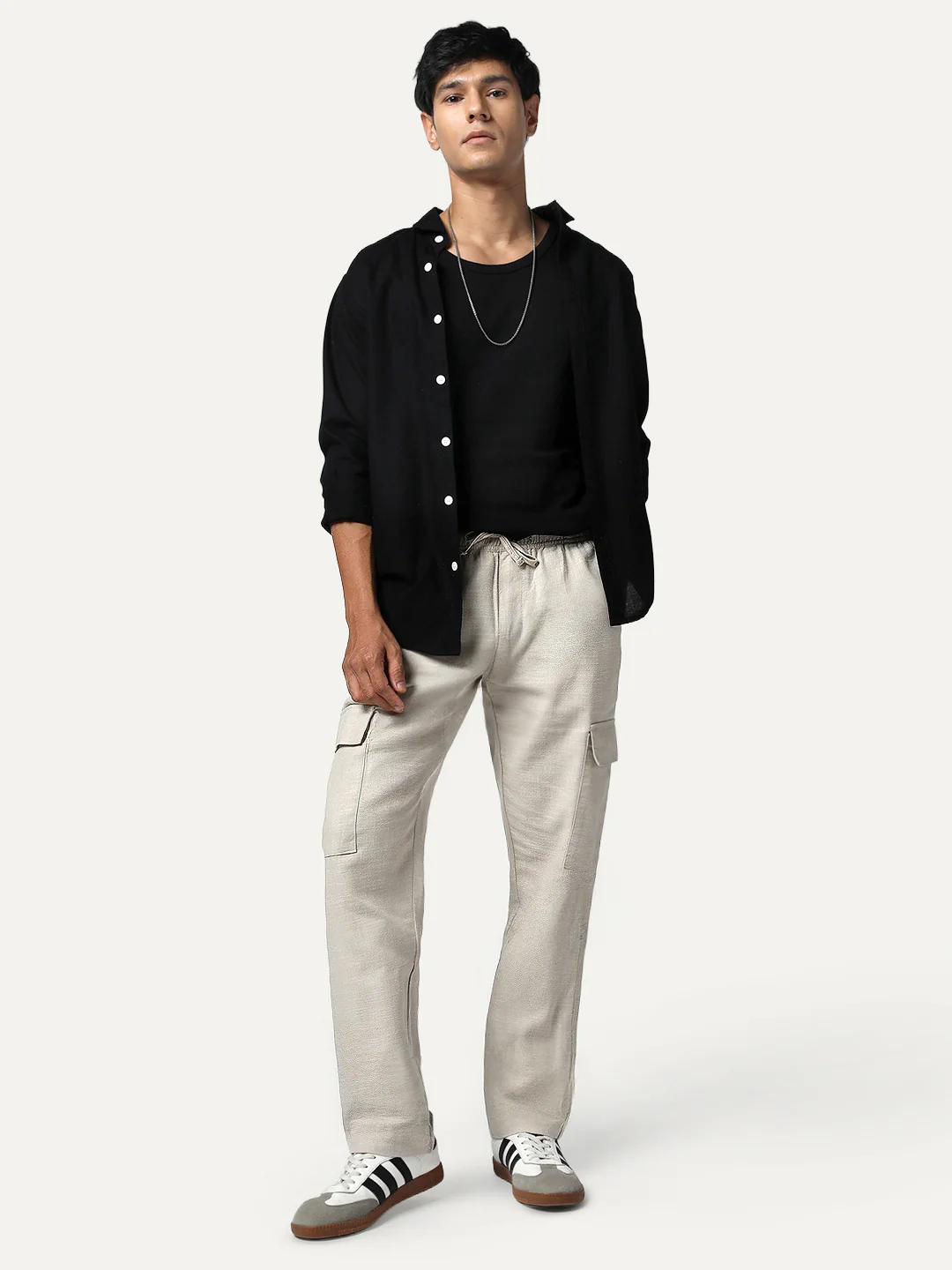 Men's Beige Straight Fit Linen Cargo Pants with 6 Pockets - Image 4