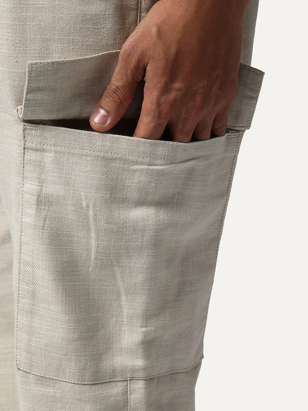 Men's Beige Straight Fit Linen Cargo Pants with 6 Pockets - Image 6