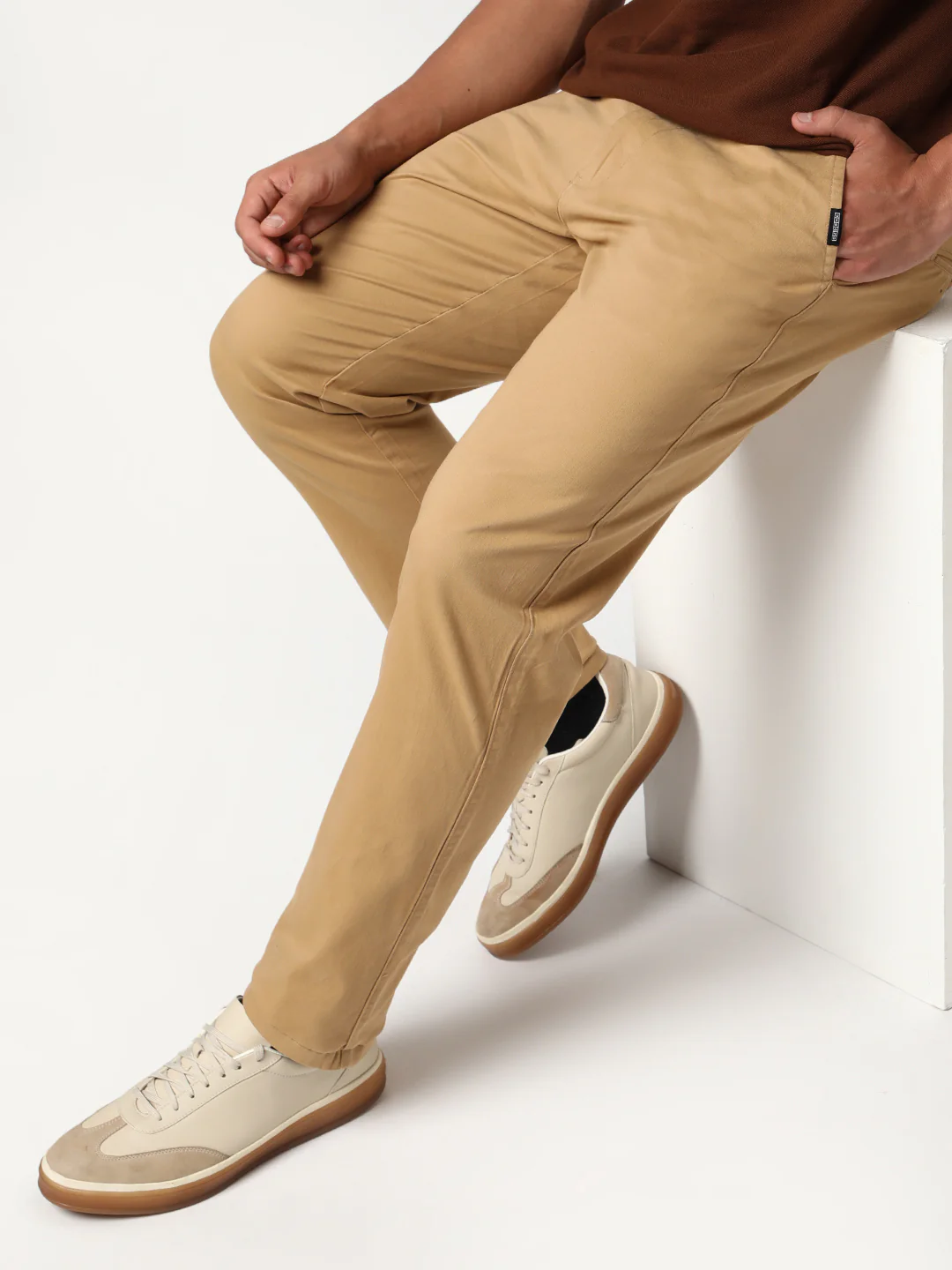 Men's Beige Straight Fit Mid Rise Cotton Casual Chinos Trousers Stretch