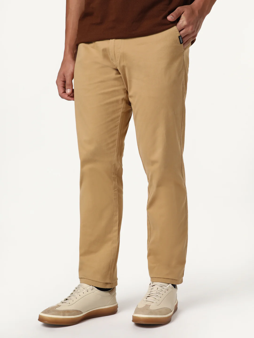 Men's Beige Straight Fit Mid Rise Cotton Casual Chinos Trousers Stretch - Image 2