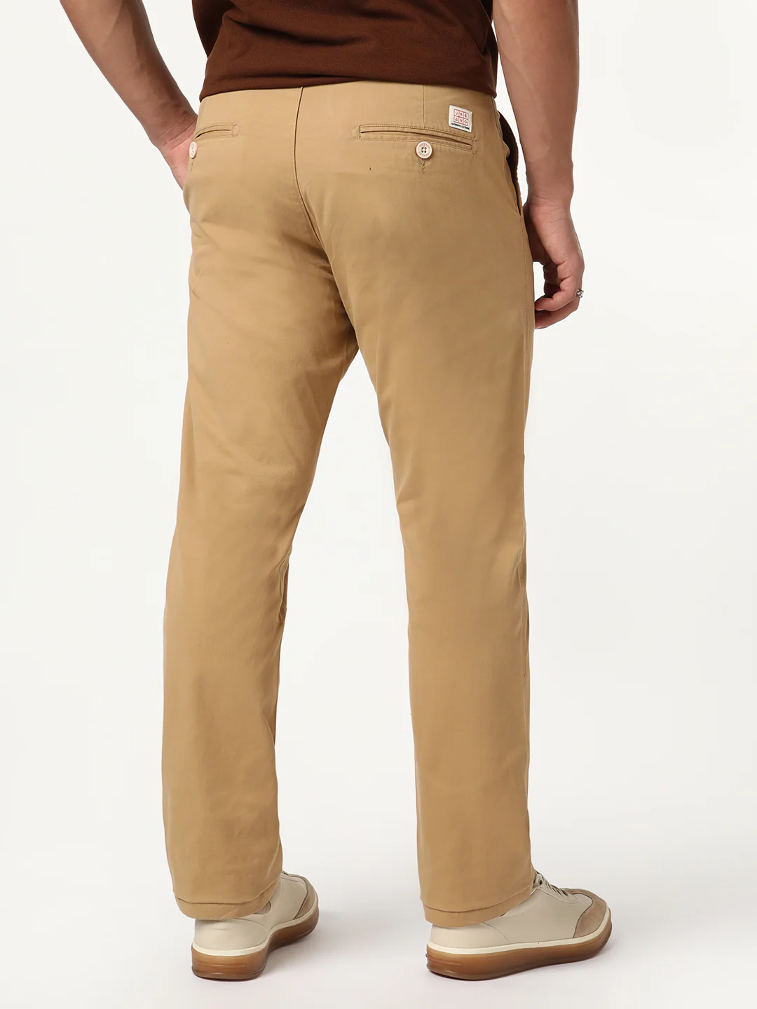Men's Beige Straight Fit Mid Rise Cotton Casual Chinos Trousers Stretch - Image 3