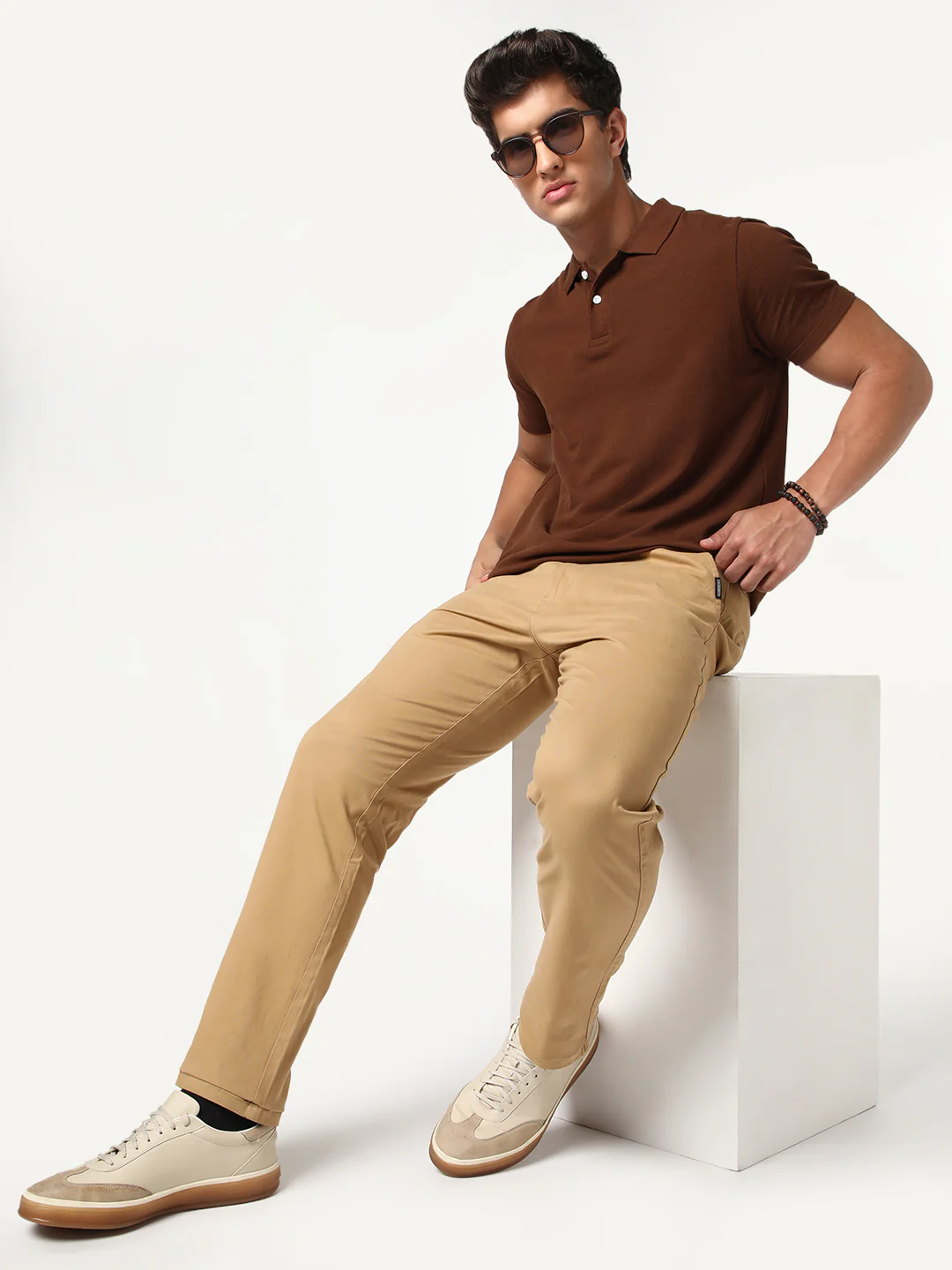Men's Beige Straight Fit Mid Rise Cotton Casual Chinos Trousers Stretch - Image 4