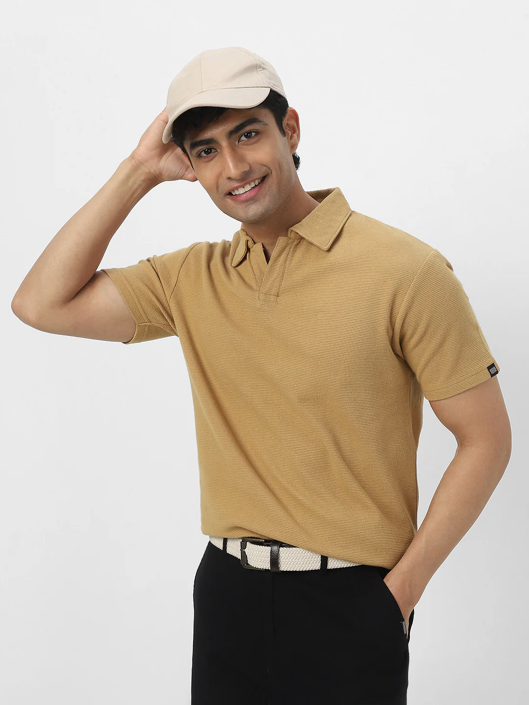 Men's Beige Textured Regular Fit Half Sleeve Cotton Polo T-Shirt - Image 2