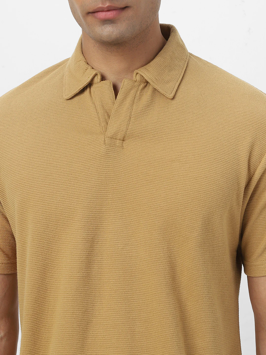 Men's Beige Textured Regular Fit Half Sleeve Cotton Polo T-Shirt - Image 3