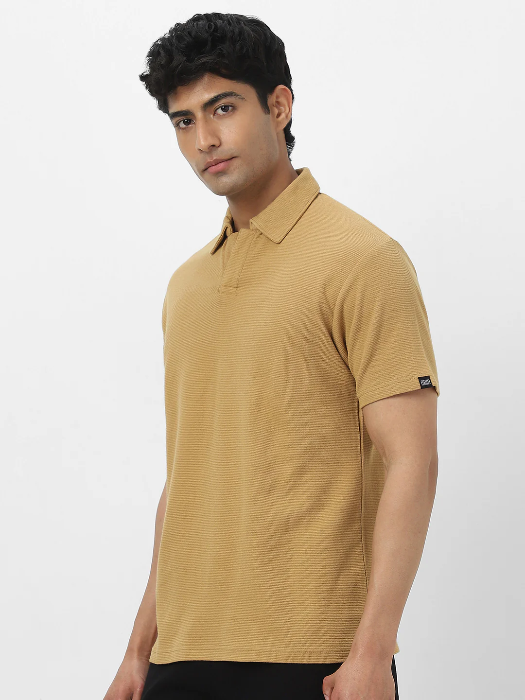 Men's Beige Textured Regular Fit Half Sleeve Cotton Polo T-Shirt - Image 4