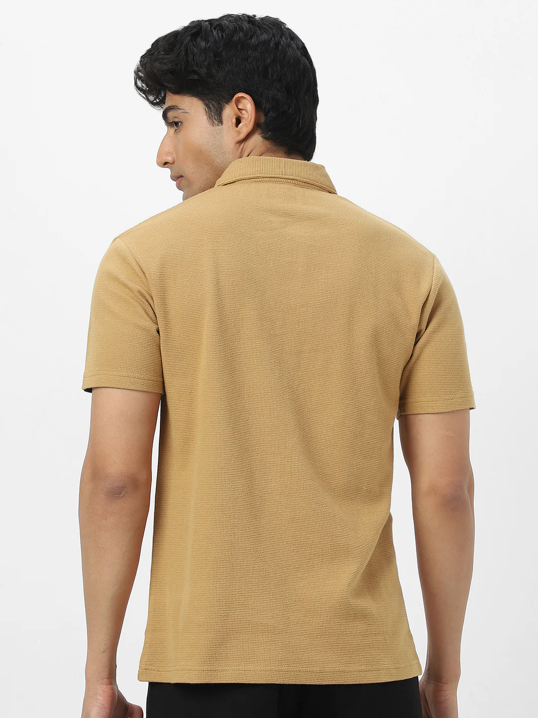 Men's Beige Textured Regular Fit Half Sleeve Cotton Polo T-Shirt - Image 5