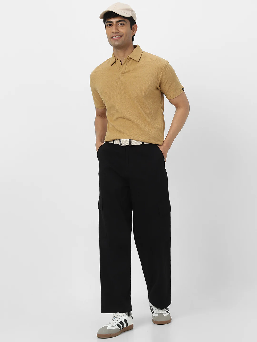 Men's Beige Textured Regular Fit Half Sleeve Cotton Polo T-Shirt - Image 6