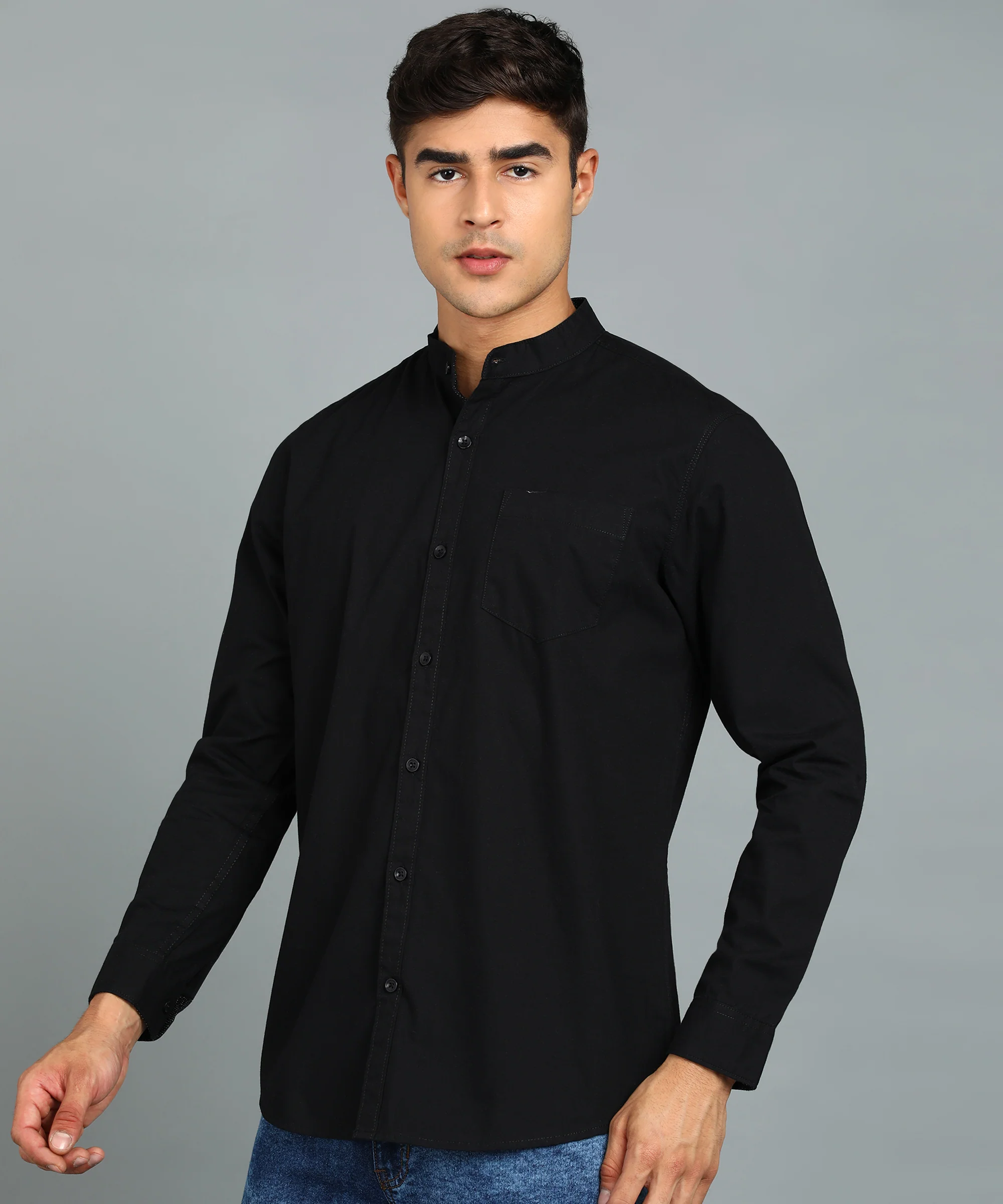 Men's Black Blue Cotton Full Sleeve Slim Fit Solid Shirt with Mandarin Collar - Image 2