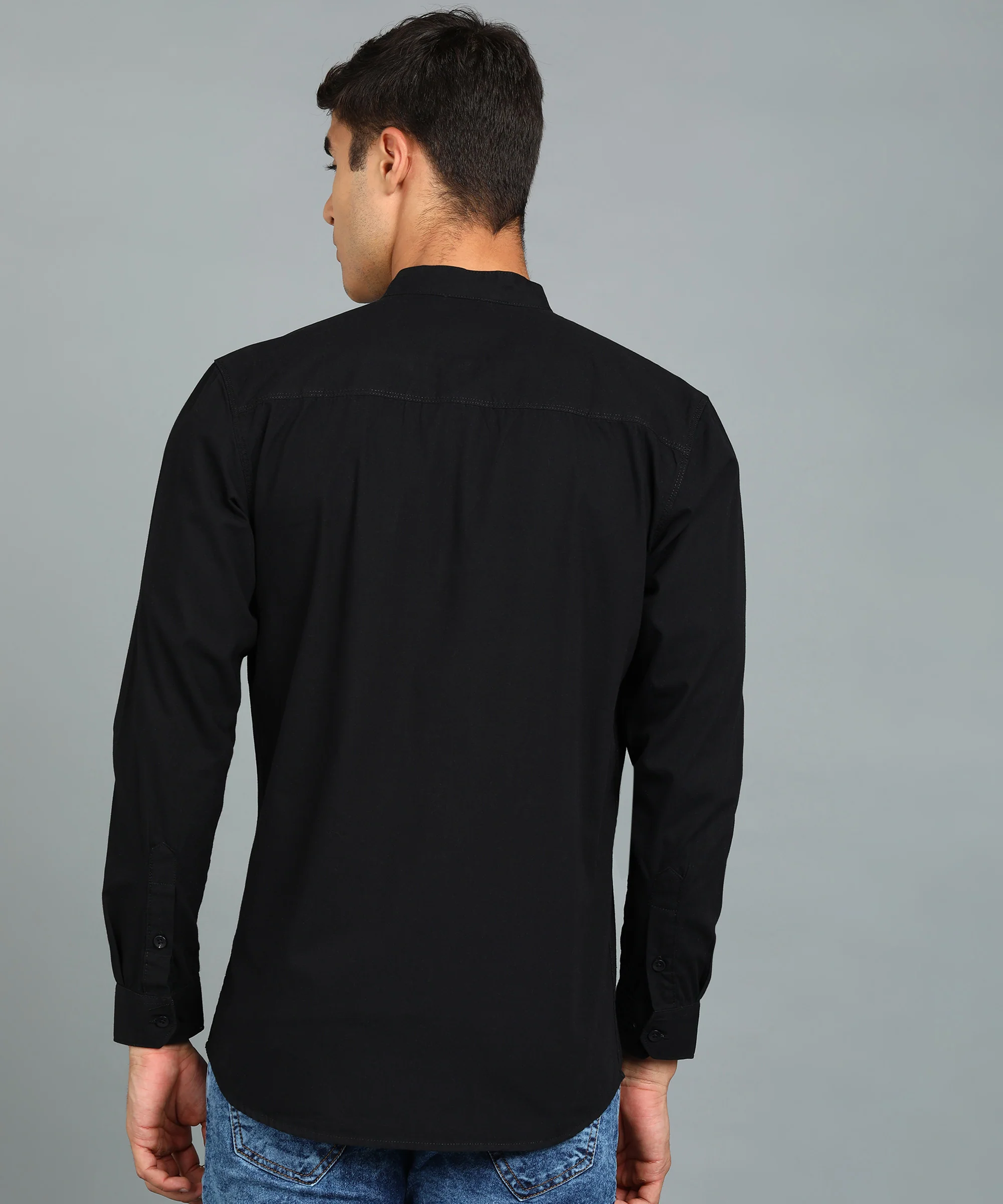 Men's Black Blue Cotton Full Sleeve Slim Fit Solid Shirt with Mandarin Collar - Image 3