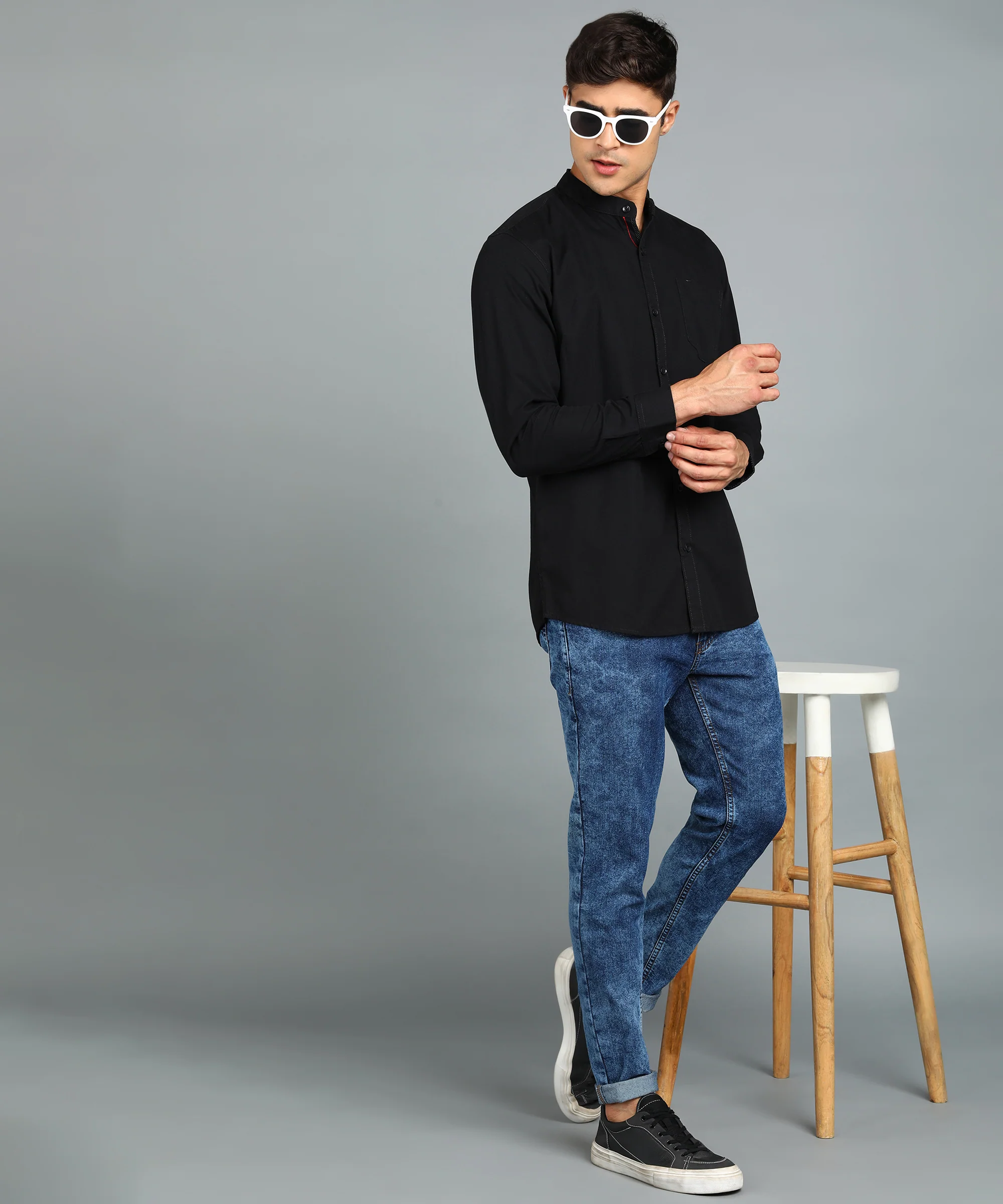 Men's Black Blue Cotton Full Sleeve Slim Fit Solid Shirt with Mandarin Collar - Image 4