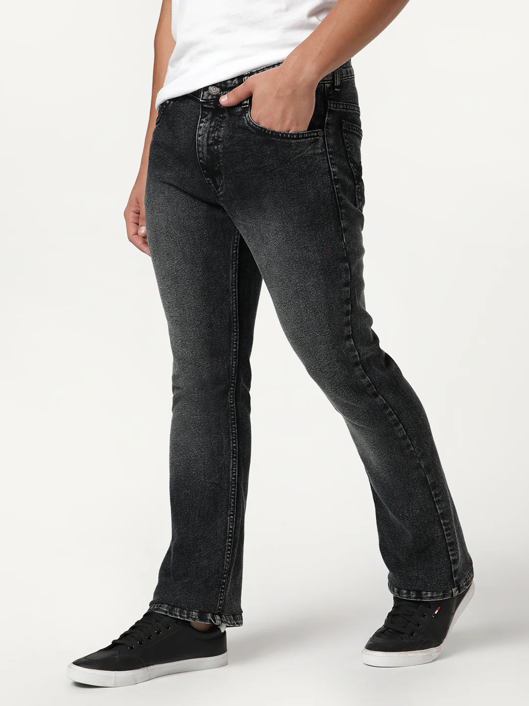 Men's Black Bootcut Fit Mid Rise Tinted Heavy Washed Jeans Stretchable - Image 2