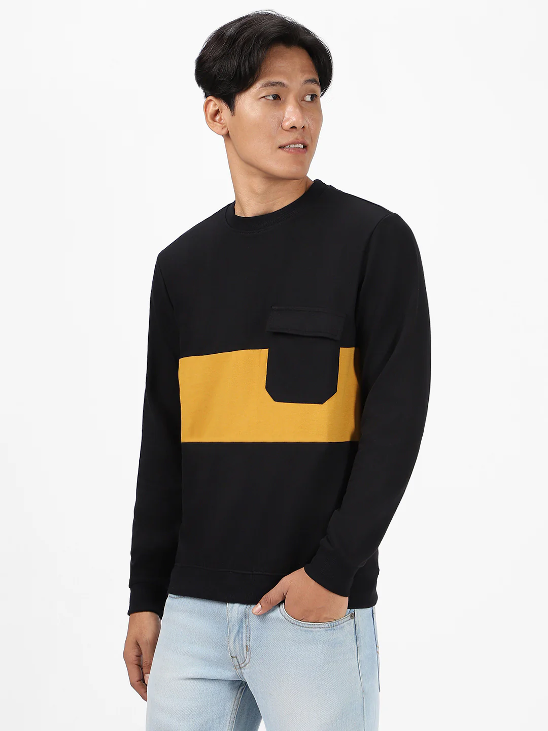 Men's Black Cotton Color Block Round Neck Sweatshirt - Image 2