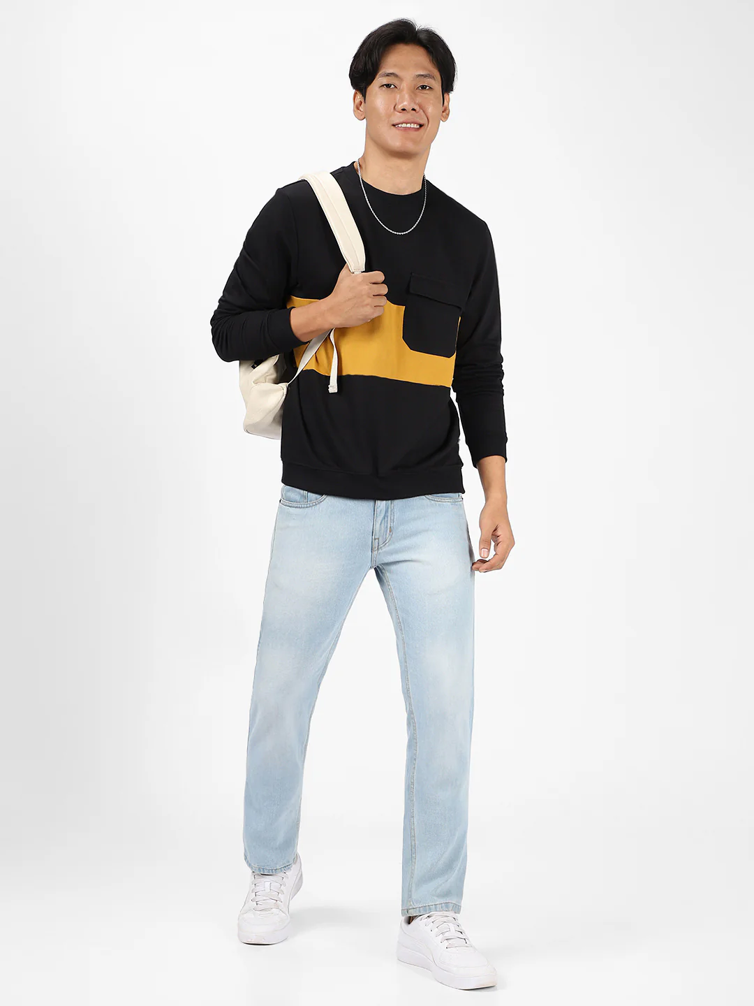 Men's Black Cotton Color Block Round Neck Sweatshirt - Image 4