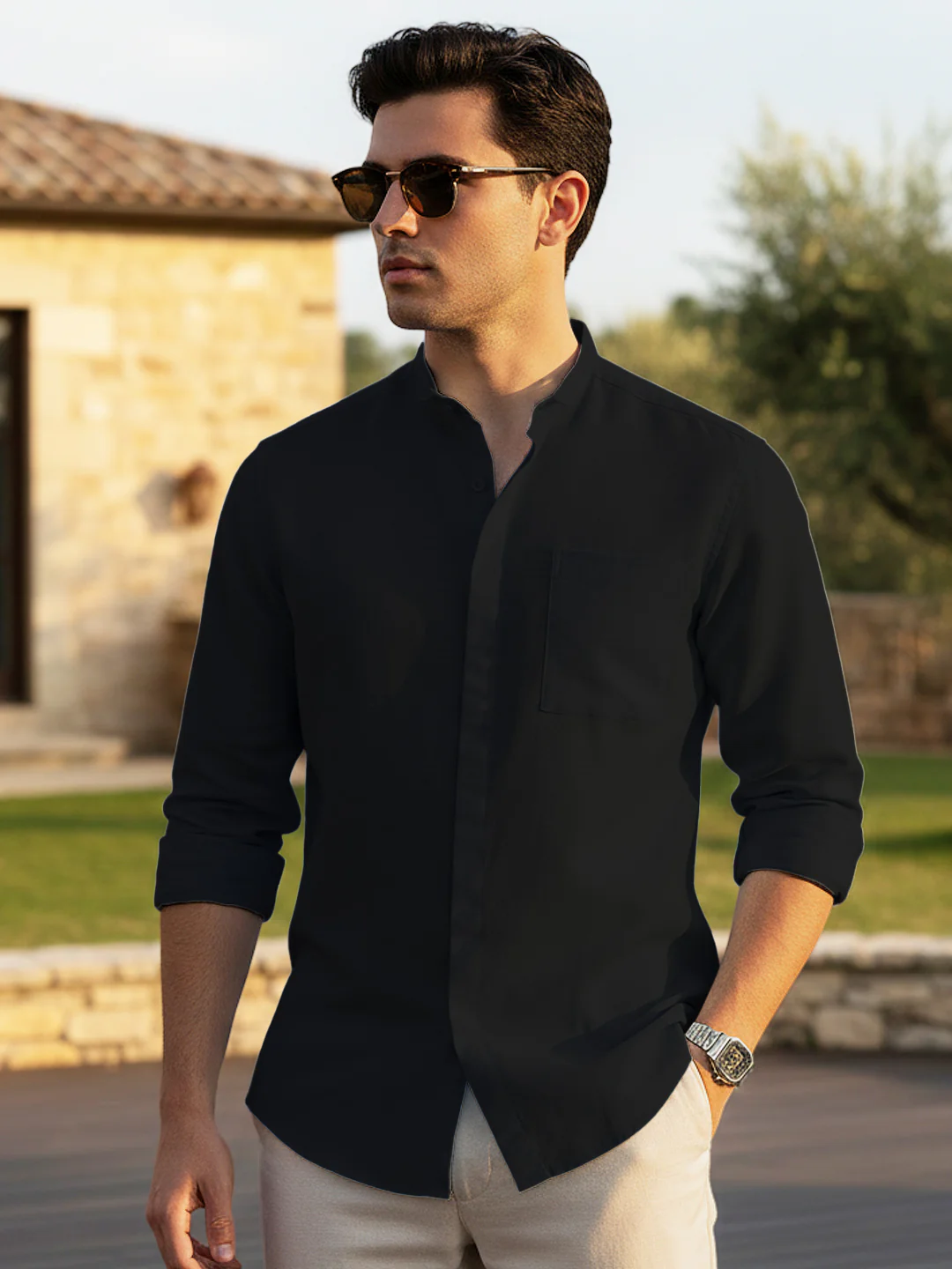Men's Black Cotton Full Sleeve Regular Fit Casual Solid Shirt with Band Collar