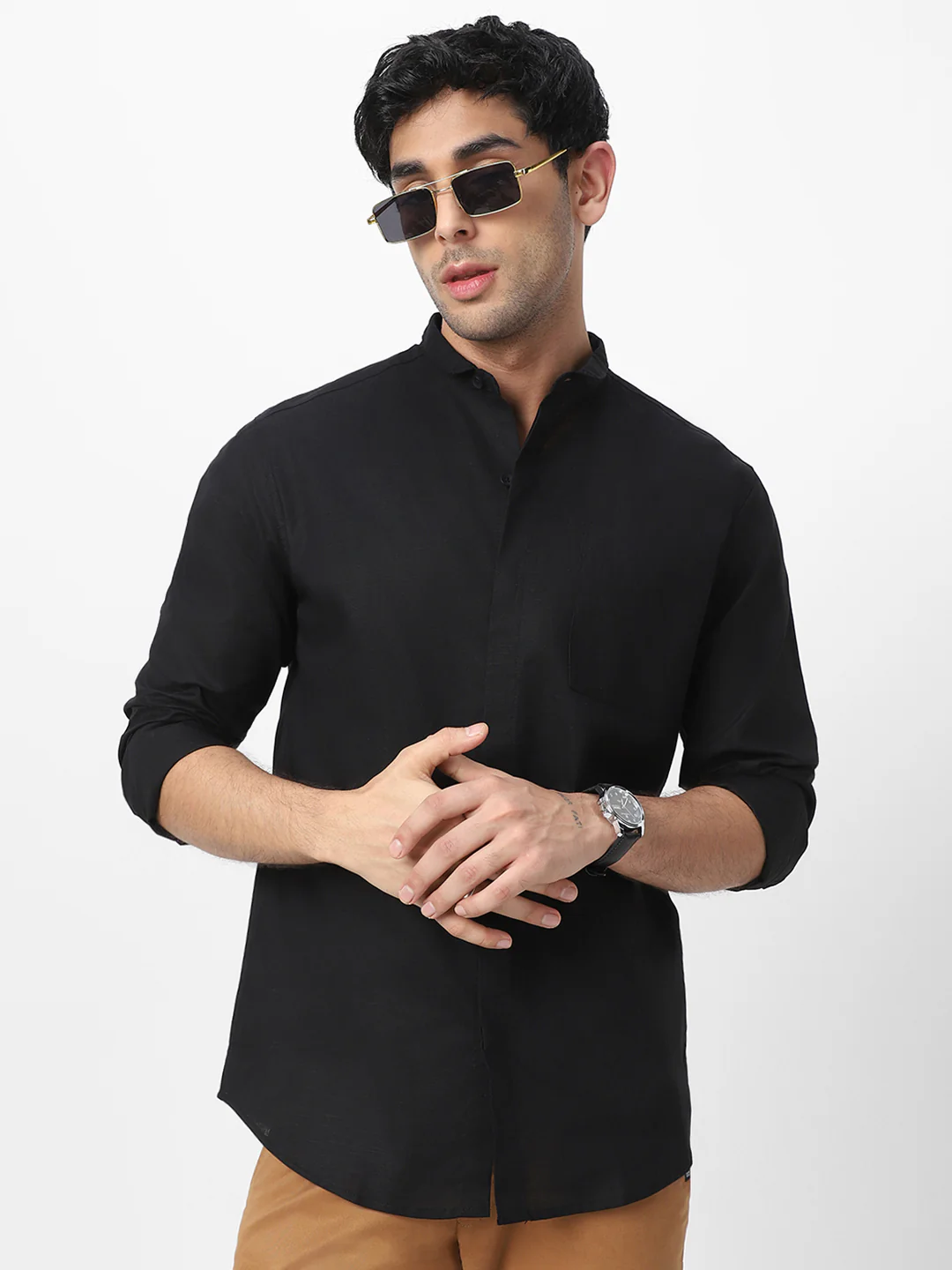 Men's Black Cotton Full Sleeve Regular Fit Casual Solid Shirt with Band Collar - Image 2