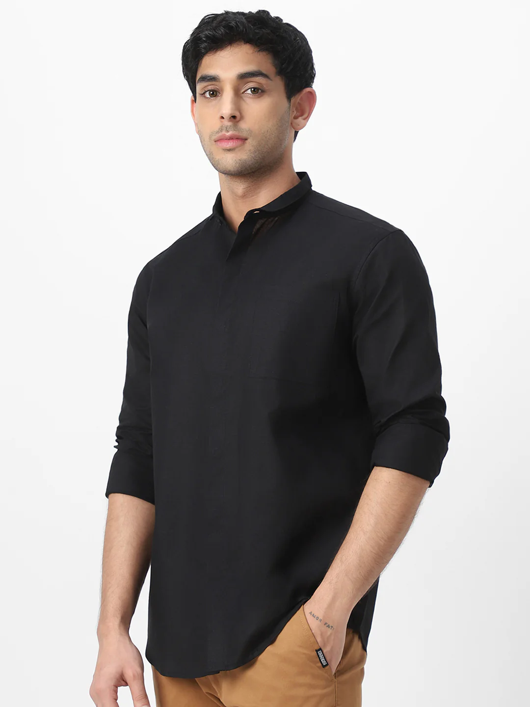 Men's Black Cotton Full Sleeve Regular Fit Casual Solid Shirt with Band Collar - Image 3