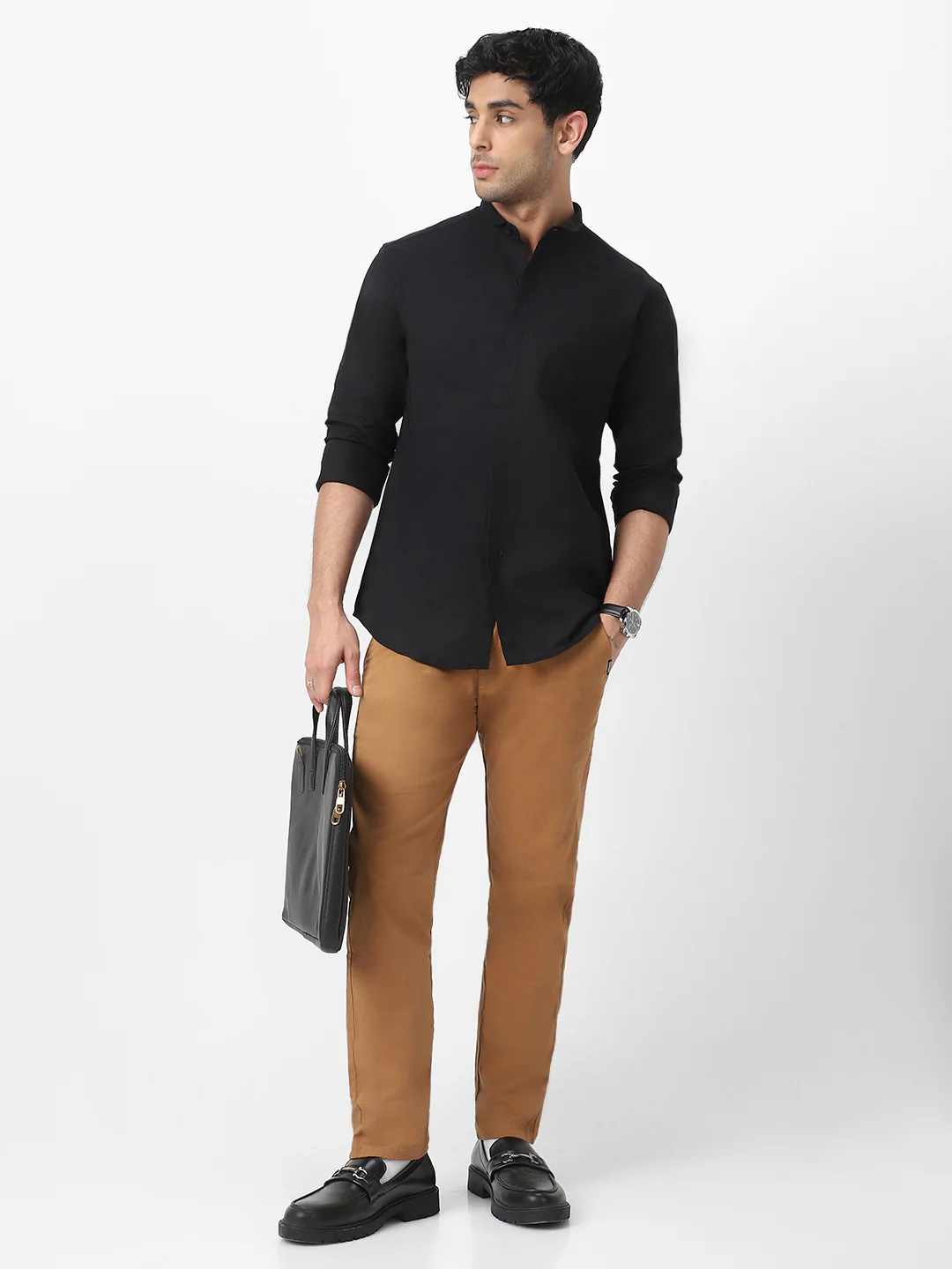 Men's Black Cotton Full Sleeve Regular Fit Casual Solid Shirt with Band Collar - Image 5